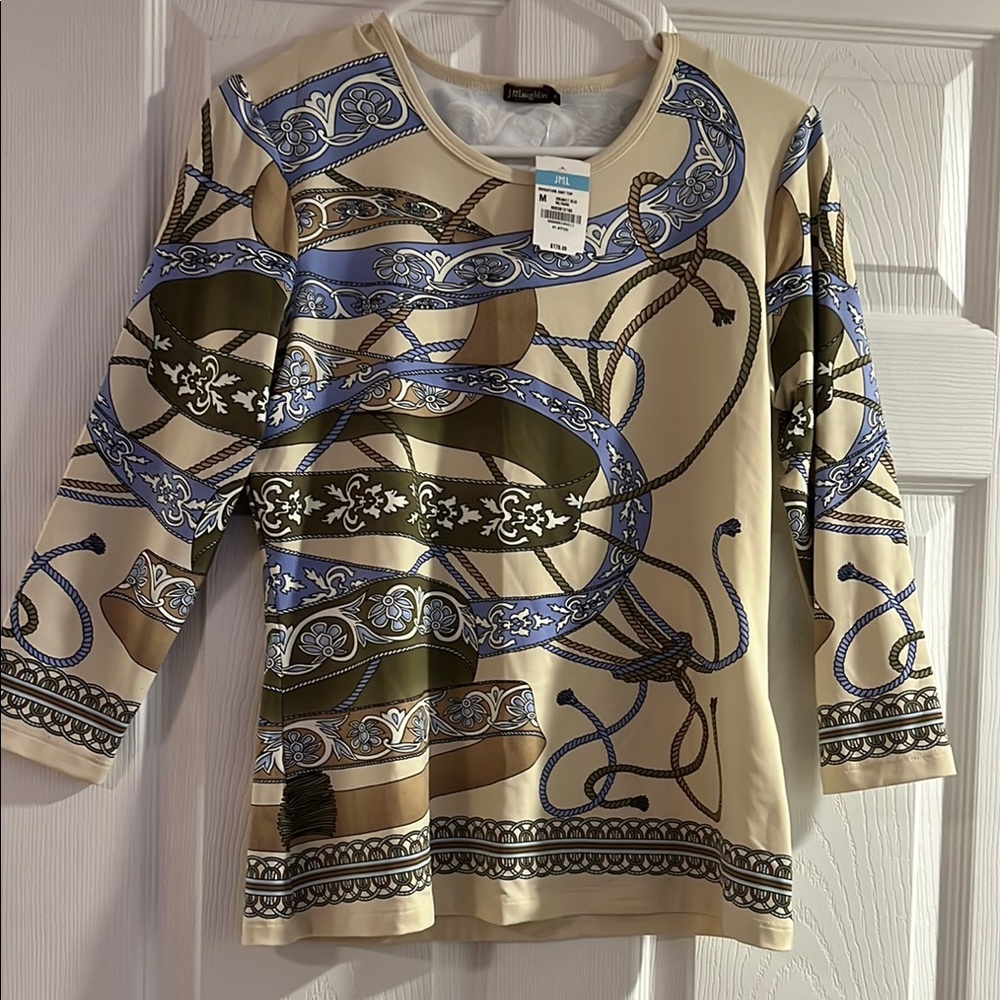 Patterned Cream Long-Sleeve Tee with Blue & Olive Accents